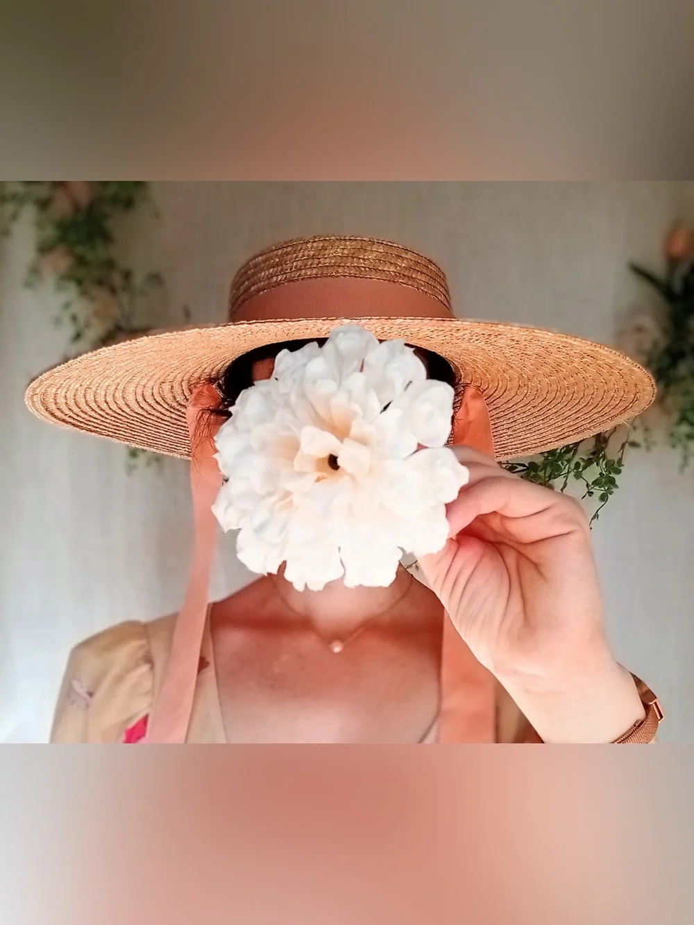 Anthro ❉ Wyeth Extended Wide Brim Boater Straw Hat with Tie Ribbon Chin Strap
